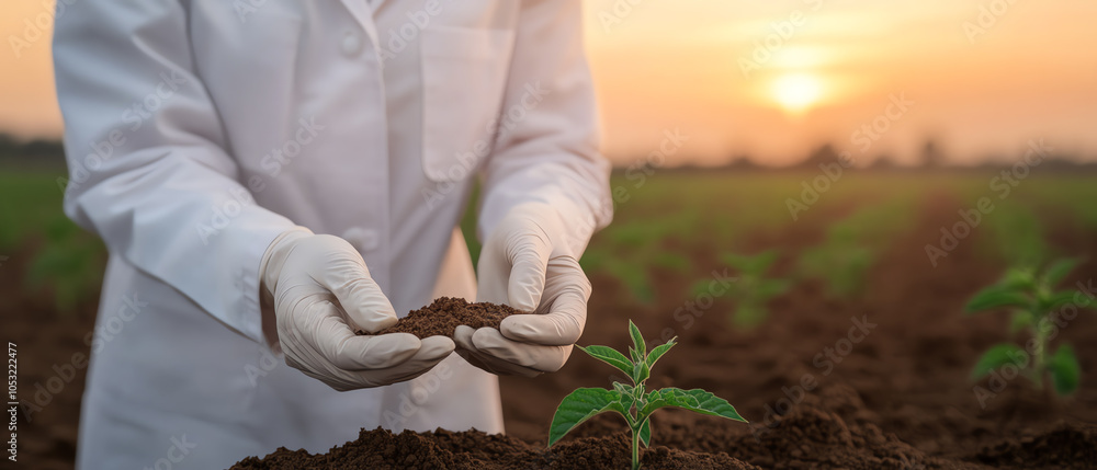 Wall mural scientist examining soil quality in a field during sunset. focus on agriculture and sustainable farm