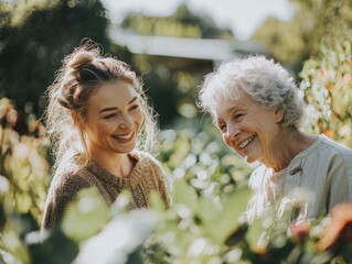 A senior woman and her caregiver share a joyful moment in a garden, showcasing the therapeutic benefits of nature in elderly care while promoting mental positivity and emotional well-being.