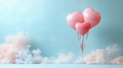 Fototapeta premium Heart-shaped balloons floating in dreamy cloudscape against blue sky Valentine day
