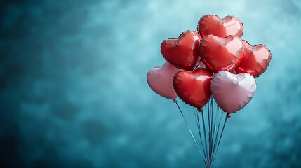 Heart-shaped balloons on turquoise background: romantic and festive celebration Valentine day