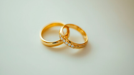 Para złotych obrączek ślubnych leży na jednolitym, białym tle, prezentując swoje perfekcyjne kształty.