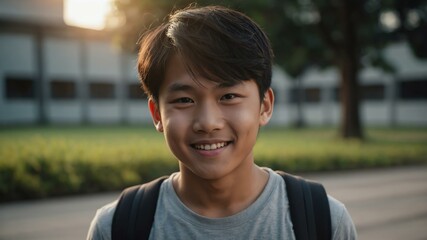 male asian boy in gray casual wear on school yard background model portrait smiling for ad concept space for text