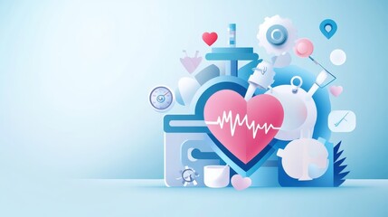 Colorful digital illustration representing healthcare technology with heart symbol, medical tools, and health data charts.