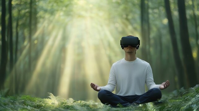 Man meditating in a forest with VR headset experiencing virtual nature immersion