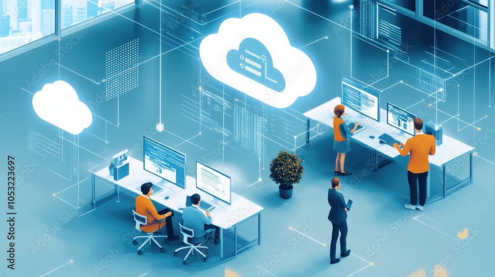 Poster an office scene where people use smart devices connected to a secure cloud network,