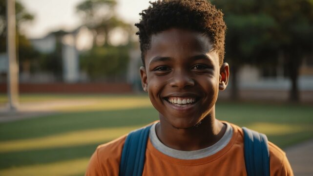 male african boy in orange casual wear on school yard background model portrait smiling for ad concept space for text