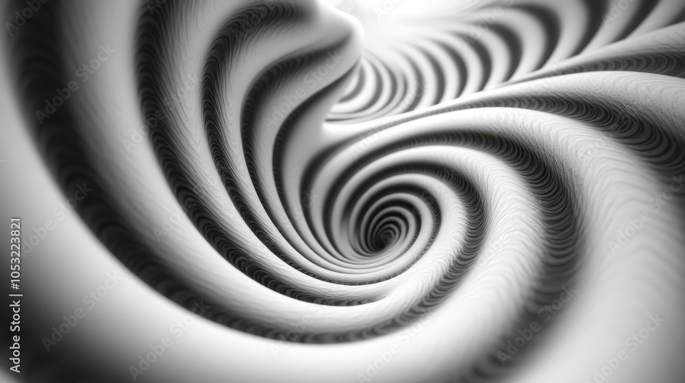 Poster abstract swirling pattern in black and white, creating depth and motion.