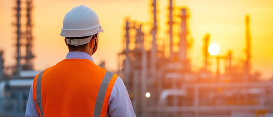 Worker in safety gear observing an industrial landscape at sunset. The scene showcases the importance of safety and awareness in industrial settings.