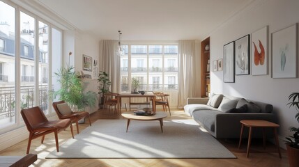 Fototapeta premium Charming Parisian living space with Scandinavian-inspired design, featuring a