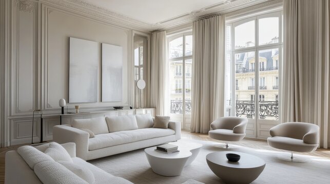 Elegant living room in a Parisian apartment with Scandinavian interior design, featuring
