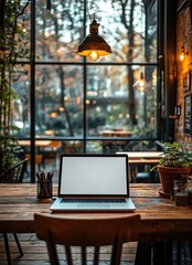 Obraz premium A laptop with a blank screen sits on a wooden table in a coffee shop with a large window, with plants and a hanging light fixture.
