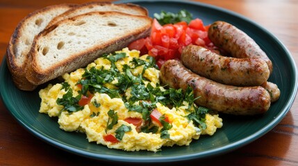 Hearty Breakfast with Sausages and Scrambled Eggs