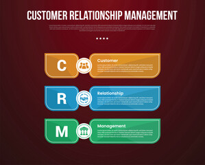 CRM infographic template with big sharp rectangle container vertical stack with dark background style with 3 point for slide presentation