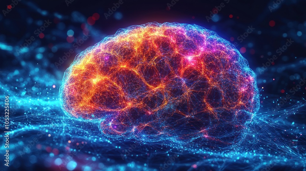 Poster colorful digital representation of a brain with neural connections.