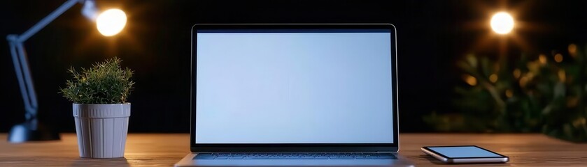 Modern workspace setup featuring laptop and smartphone on wooden table