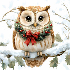 owl with christmas wreath on neck sitting on a branch