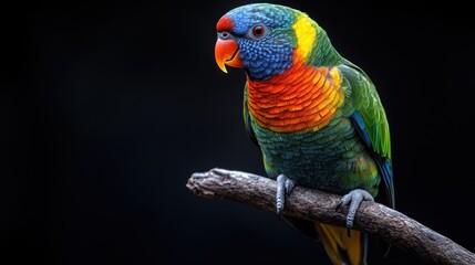 Naklejka premium A colorful parrot perched on a branch against a dark background.