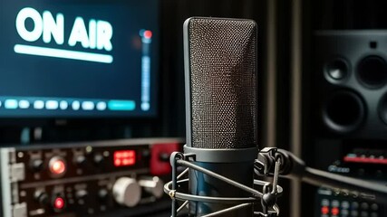 Dynamic broadcast: powerful visualization with bold On Air text, seamlessly integrated into live theme, ideal for podcast bloggers, content creators, bringing energy, focus to each moment shared.