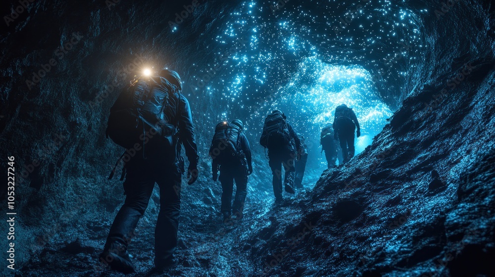 Poster explorers navigating a dark cave illuminated by water reflections.