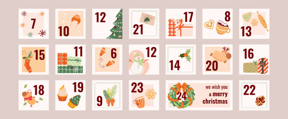 Cute advent calendar with Christmas hand drawn cartoon elements. Xmas Poster. Lovely doodle drawings. Vector illustration