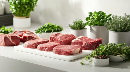 Top-tier beef steaks and assorted cuts beautifully presented on a white table, with