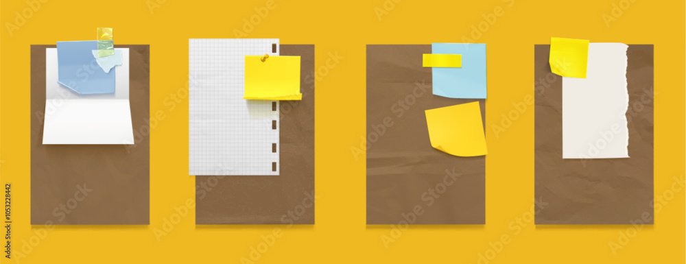 Poster brown and white with pattern, blue and yellow sticker memo note paper attached with transparent adhe