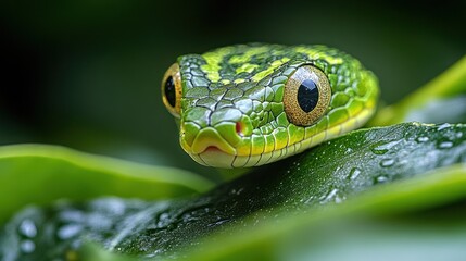 Obraz premium Close-up of a vibrant green snake resting on leaves.
