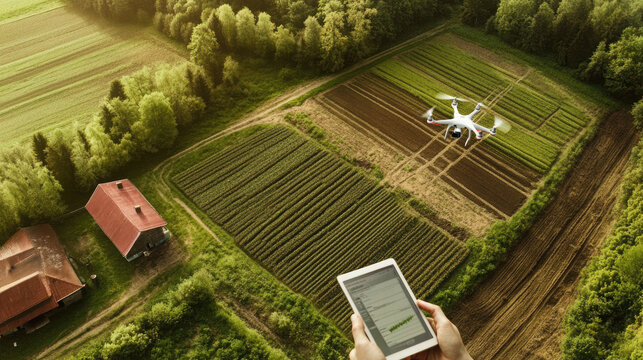 Aerial view of drone flying over lush green farm, showcasing modern agricultural technology. scene captures harmony between nature and innovation, highlighting use of technology in farming