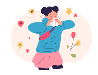 Pollen allergy. Sneezing woman seasonal allergic reaction disease, spring pollination rhinitis asthma symptom girl nose with tissue , health allergen treatment vector illustration
