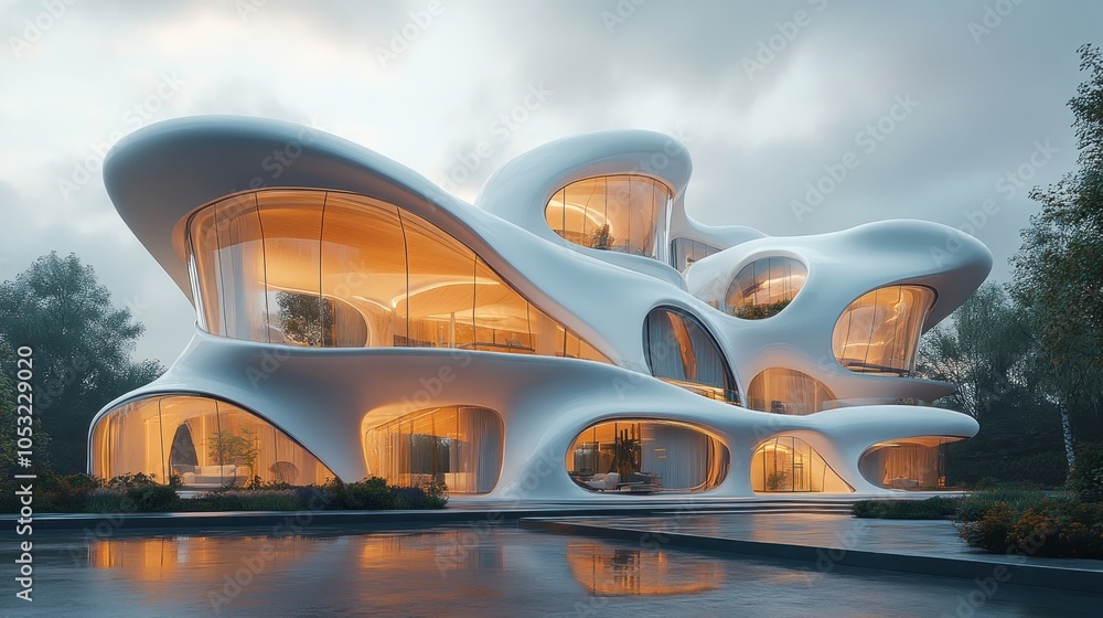 Poster futuristic organic architecture with flowing forms and large windows.