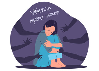 Stop sexual violence. Woman harassment or domestic abuse victim, women against gender discrimination family bullying hands touching alone girl, concept vector illustration