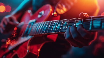Male hands playing electric guitar, fingers plucking strings. Musician man with black guitar at a rock concert. Musical instrument during a stage show. Shot for performance poster, music cover