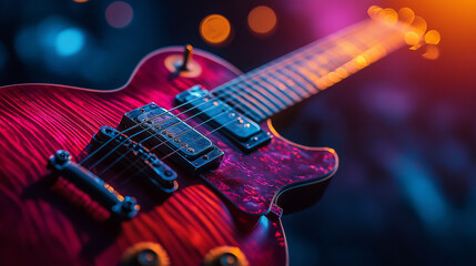 Fototapeta premium Male hands playing electric guitar, fingers plucking strings. Musician man with black guitar at a rock concert. Musical instrument during a stage show. Shot for performance poster, music cover