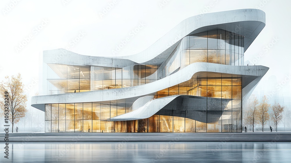 Poster modern architectural design with flowing forms and glass elements.