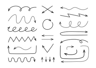 Hand drawn Arrow set with editable stroke. Doodle icons pack. Pointer design for business plan and education. Isolated vector lines for notebook