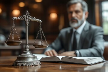 Courtroom scene with defendant, lawyers, judge in black robe. Generative AI