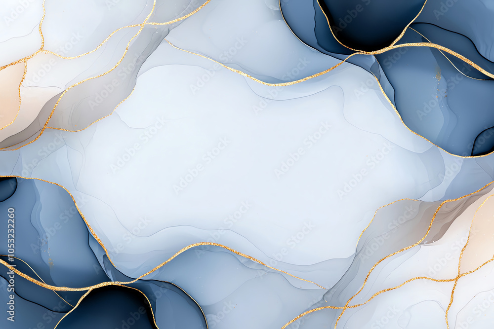Poster elegant abstract background with fluid blue and gold swirling patterns, creating a calming and sophi