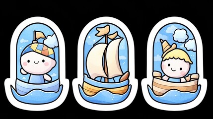 Cute Cartoon Boats and Characters in Water Scene