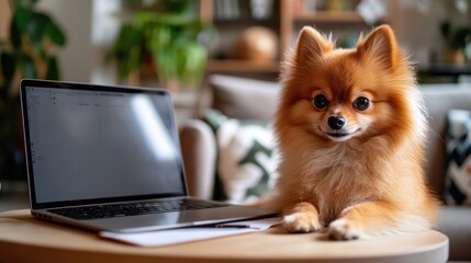 A small fluffy dog sits on a table with a laptop and a pen.