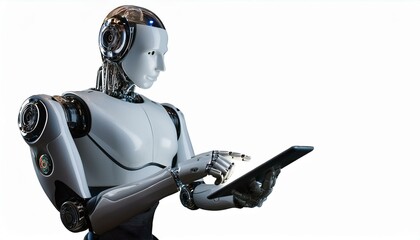 Ai robot using tablet isolate on transparency background PNG