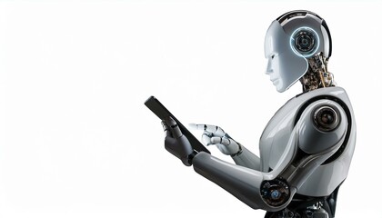 Ai robot using tablet isolate on transparency background PNG