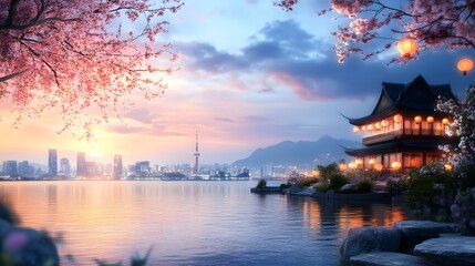 Fototapeta premium Serene sunset over city and waterfront garden