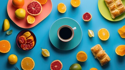 A lively breakfast flat lay with bright, fresh fruits, flaky pastries, and a hot coffee cup, radiating morning energy.