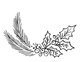 Round frame, leaves and berries of holly, coniferous branches. Christmas, New Year's decor. Simple hand drawn vector drawing with black outline, ink sketch.