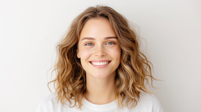 Smiling portrait fashion of Caucasian young businesswoman and curly long hair wearing casual whit t-shirt on white background