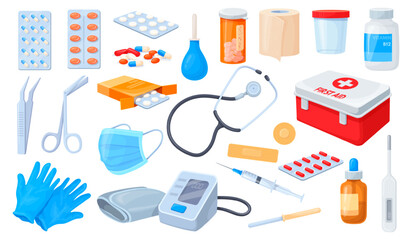 Cartoon medical supplies. Medicine hospital things, first aid equipment pharmacy pills painkiller bottle syringe pipette plaster thermometer, health care neat vector illustration