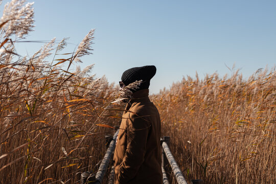 Sideview of a man standing on a bridge surrounded by reed thickets