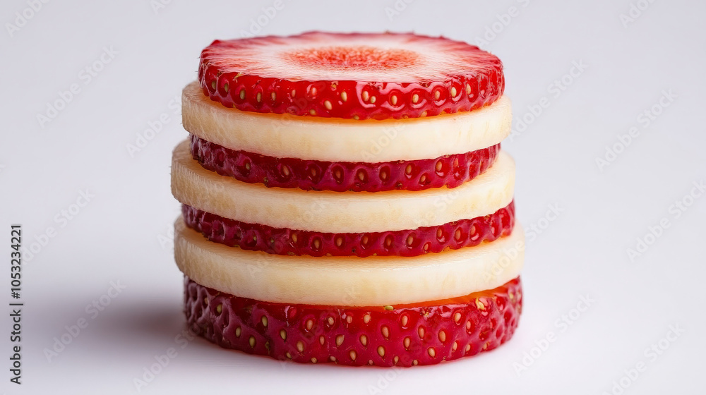 Poster stacked strawberry and banana slices: a minimalist still life featuring a stack of alternating banan