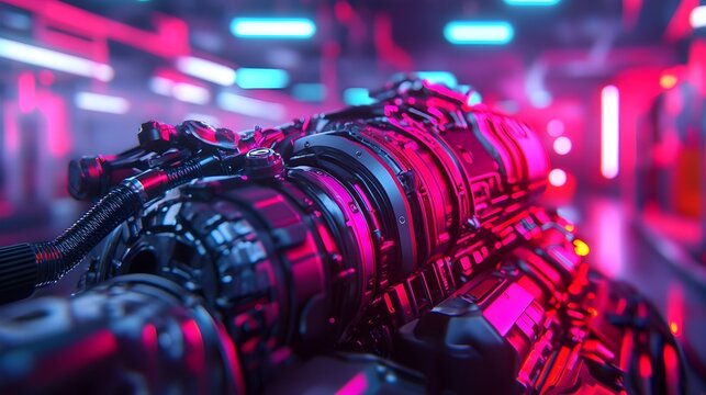 AI powered robotic mechanic using laser technology to perform intricate repairs on a car engine in a neon lit high tech workshop with concrete floors and metallic textures