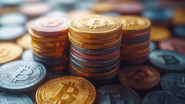 A collection of Bitcoin coins stacked on a surface, symbolizing cryptocurrency investment.